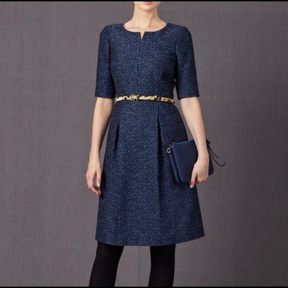 Boden Navy Textured A-Line Midi Dress with Short Sleeves